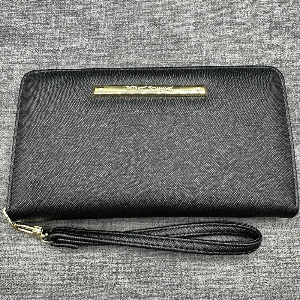 Betsey Johnson Zip Around Wallet Wristlet Clutch Black Large Classic Minimalist
